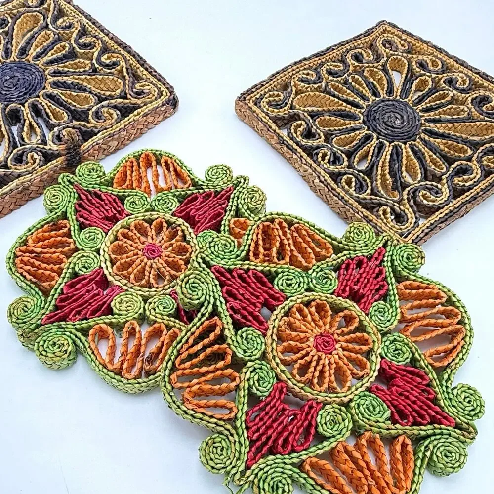 Vintage 1970s Boho Woven Trivets Lot 4 Colorful Hippie Wall Hanging Raffia Straw